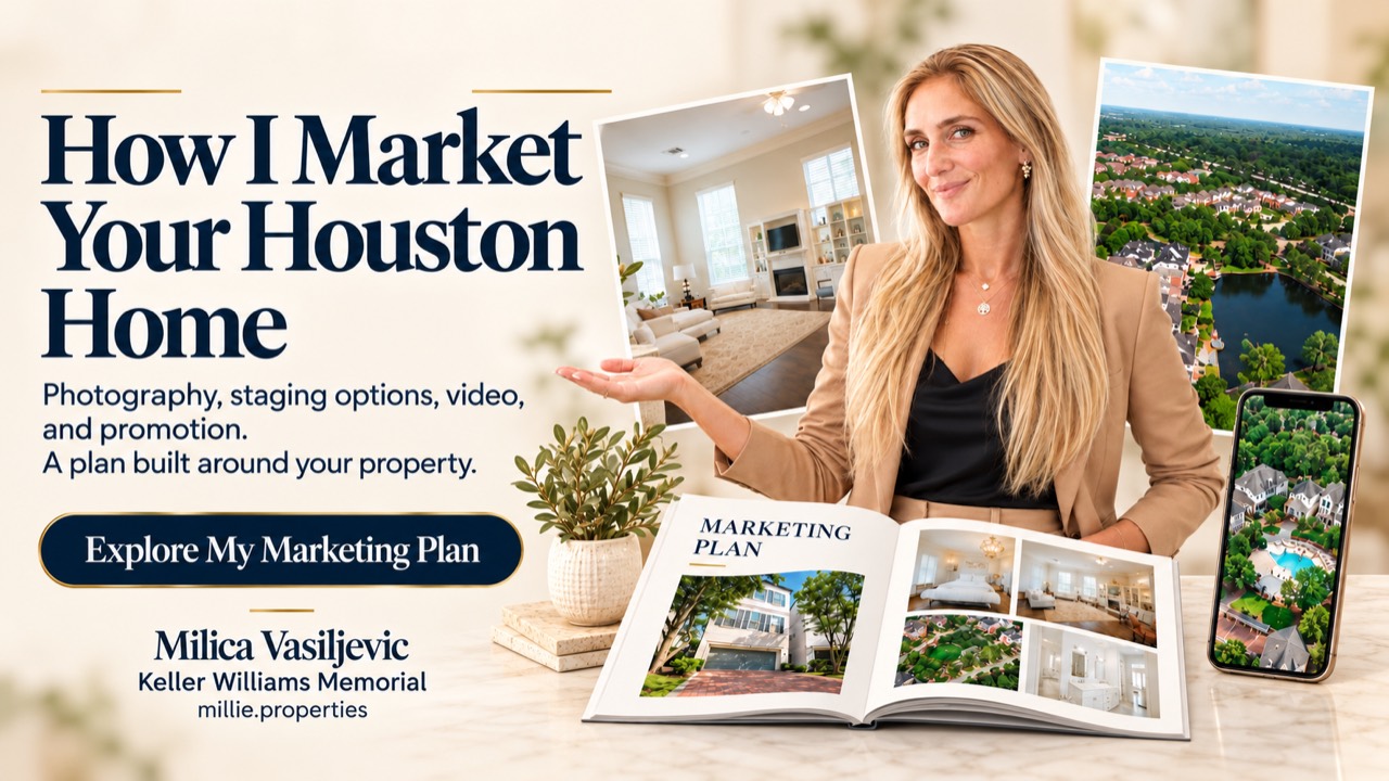 How I Market Your Houston Home: Milica Vasiljevic with listing photos illustrating photography, staging options, video, and promotion.